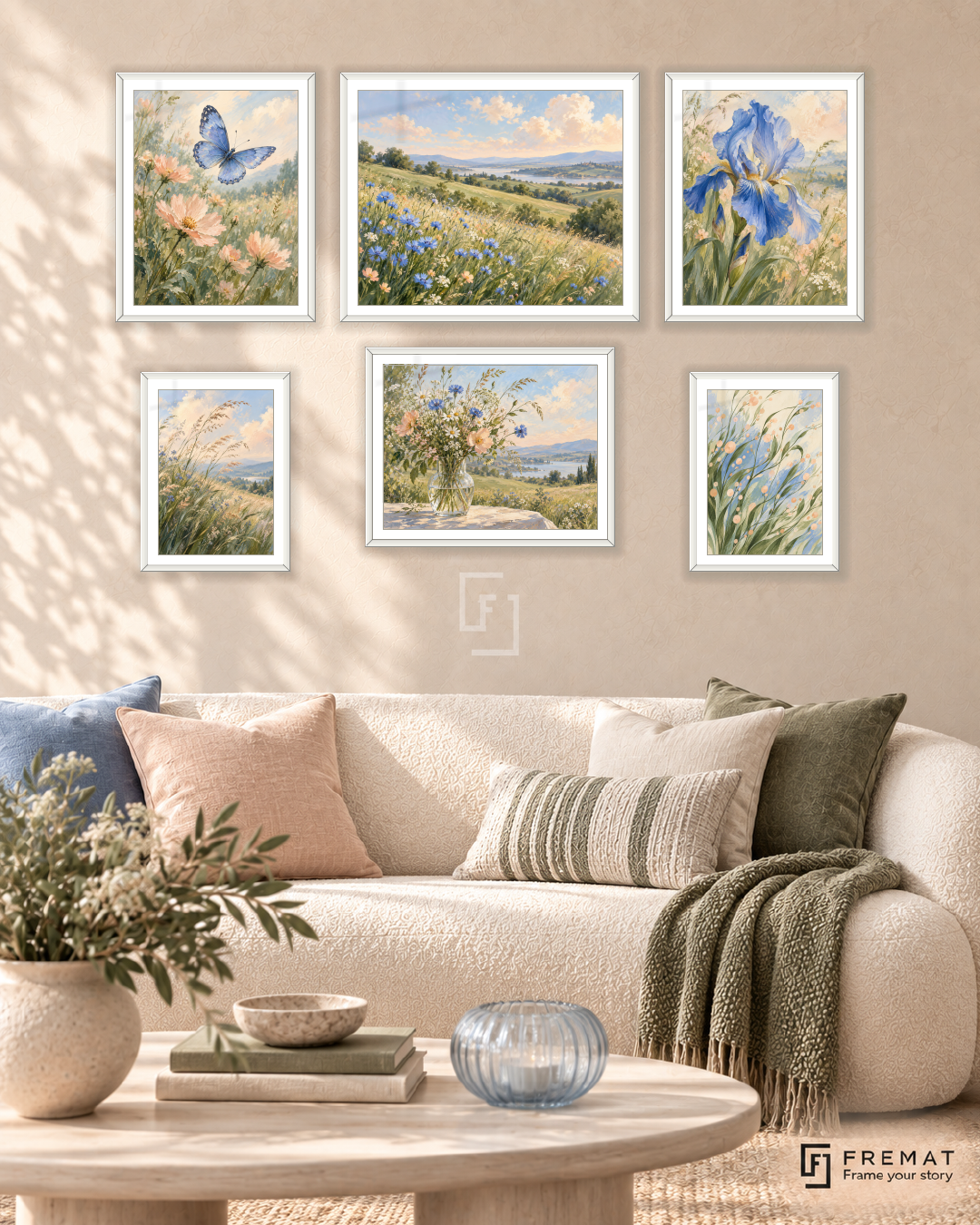 Meadow In Motion Balance gallery wall: 6 framed artworks in White, arranged across 150 × 100 cm.