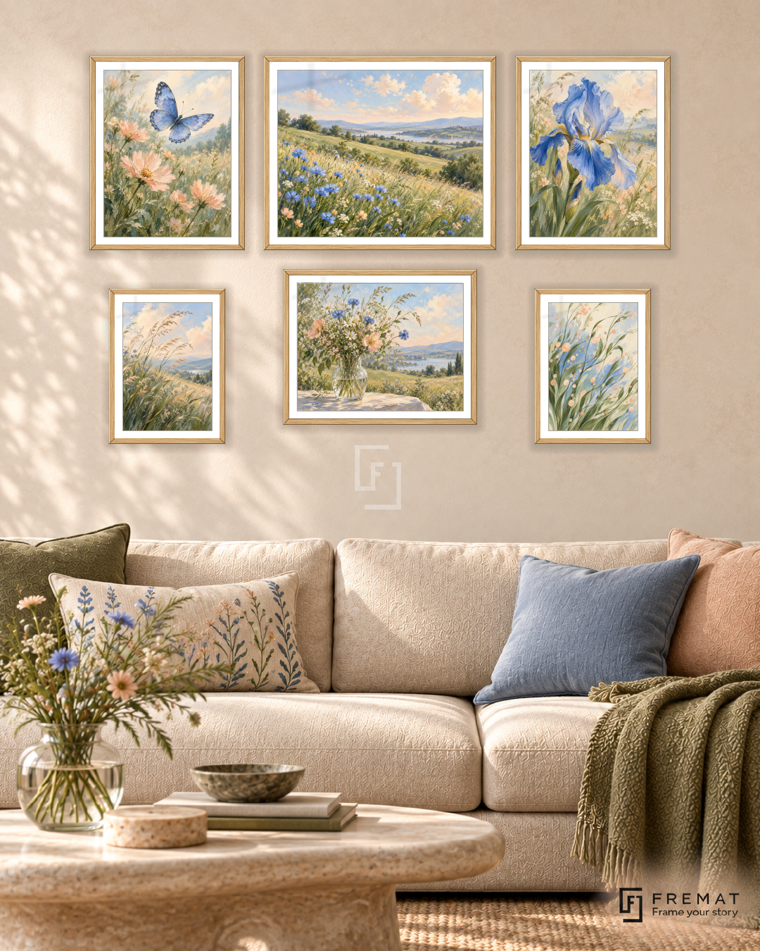 Meadow In Motion Balance gallery wall: 6 framed artworks in Wooden Texture, arranged across 150 × 100 cm.