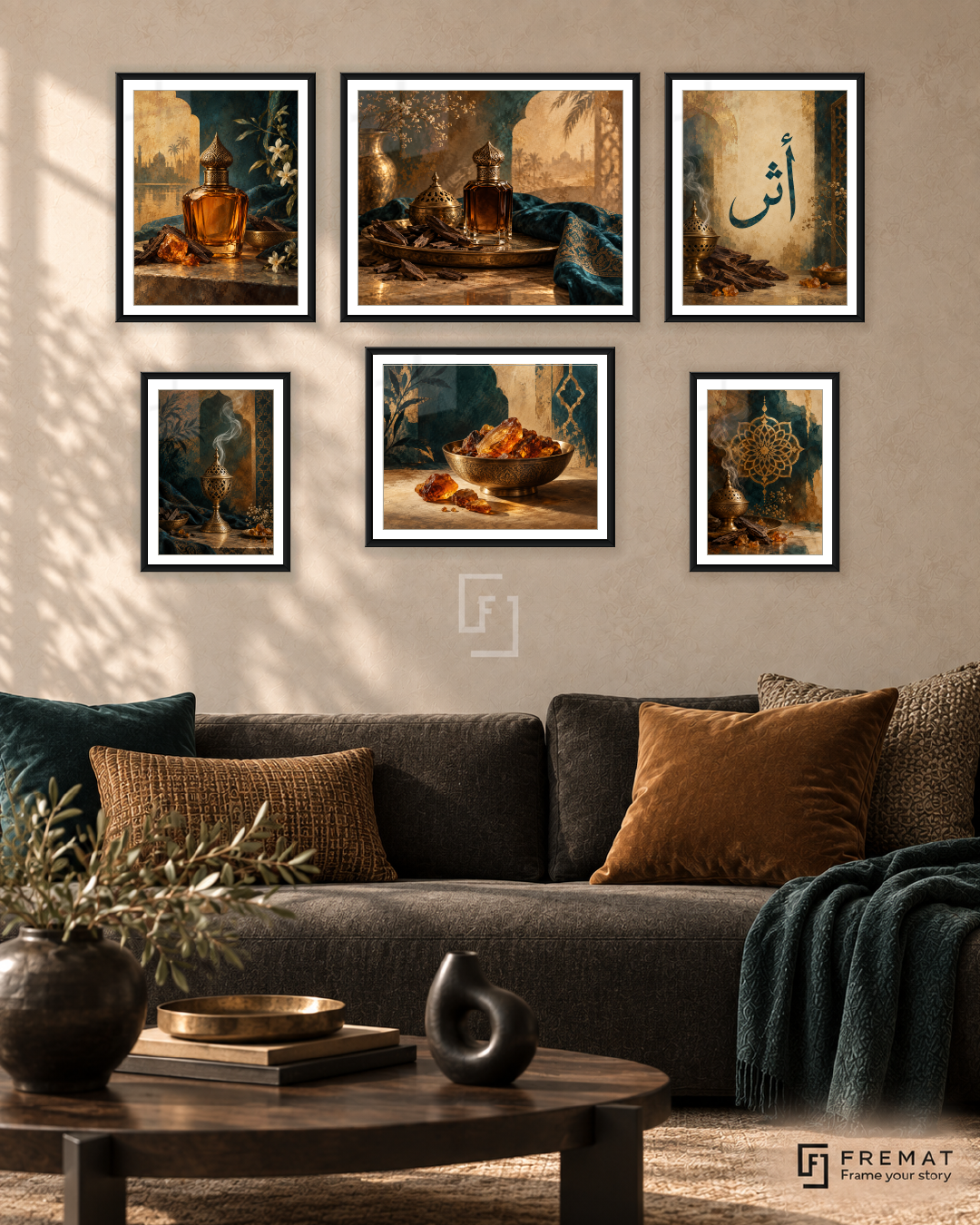 Oud And Amber Balance gallery wall: 6 framed artworks in Black, arranged across 150 × 100 cm.