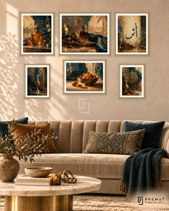 Oud And Amber Balance gallery wall: 6 framed artworks in Gold, arranged across 150 × 100 cm.