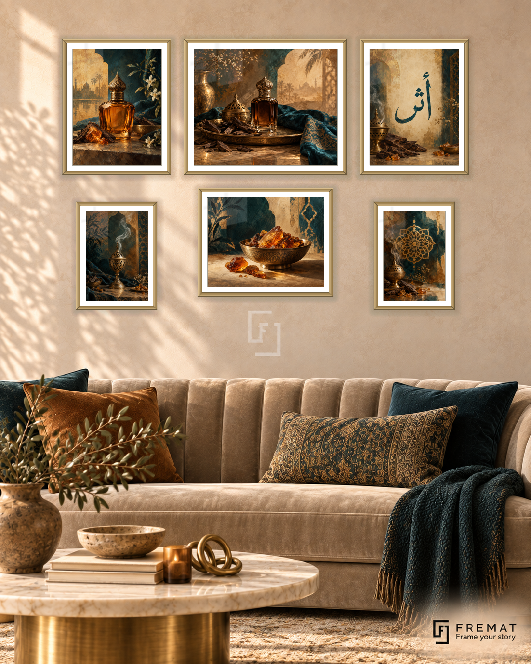 Oud And Amber Balance gallery wall: 6 framed artworks in Gold, arranged across 150 × 100 cm.