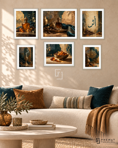 Oud And Amber Balance gallery wall: 6 framed artworks in White, arranged across 150 × 100 cm.