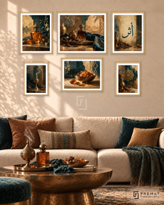 Oud And Amber Balance gallery wall: 6 framed artworks in Wooden Texture, arranged across 150 × 100 cm.