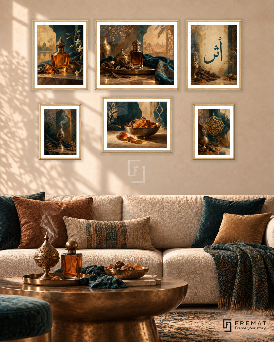 Oud And Amber Balance gallery wall: 6 framed artworks in Wooden Texture, arranged across 150 × 100 cm.