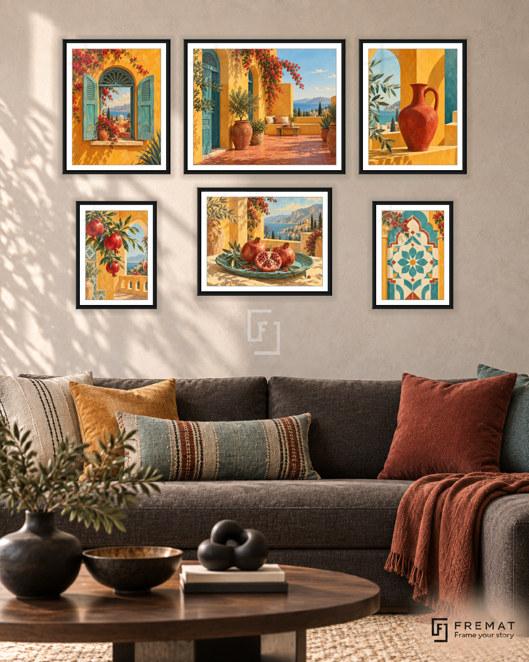 Saffron Terrace Balance gallery wall: 6 framed artworks in Black, arranged across 150 × 100 cm.