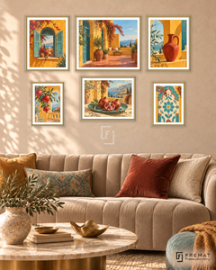 Saffron Terrace Balance gallery wall: 6 framed artworks in Gold, arranged across 150 × 100 cm.