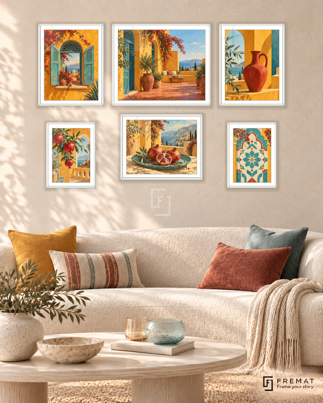Saffron Terrace Balance gallery wall: 6 framed artworks in White, arranged across 150 × 100 cm.