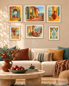 Saffron Terrace Balance gallery wall: 6 framed artworks in Wooden Texture, arranged across 150 × 100 cm.