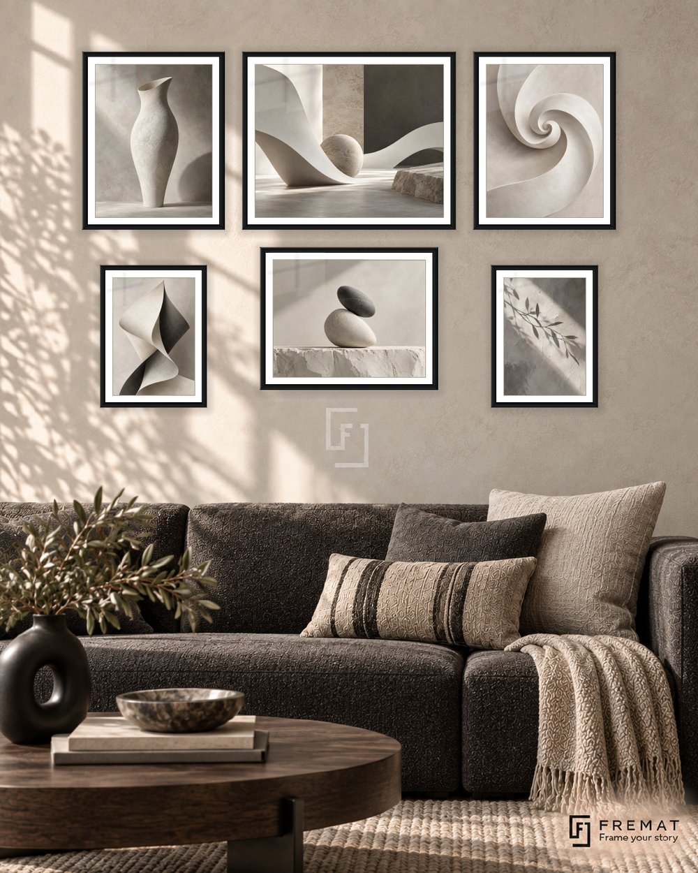 Sculpted Light Balance gallery wall: 6 framed artworks in Black, arranged across 150 × 100 cm.