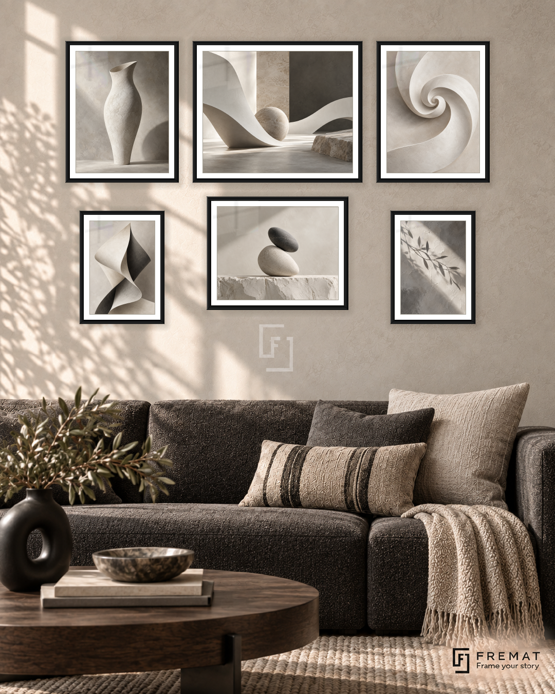 Sculpted Light Balance gallery wall: 6 framed artworks in Black, arranged across 150 × 100 cm.