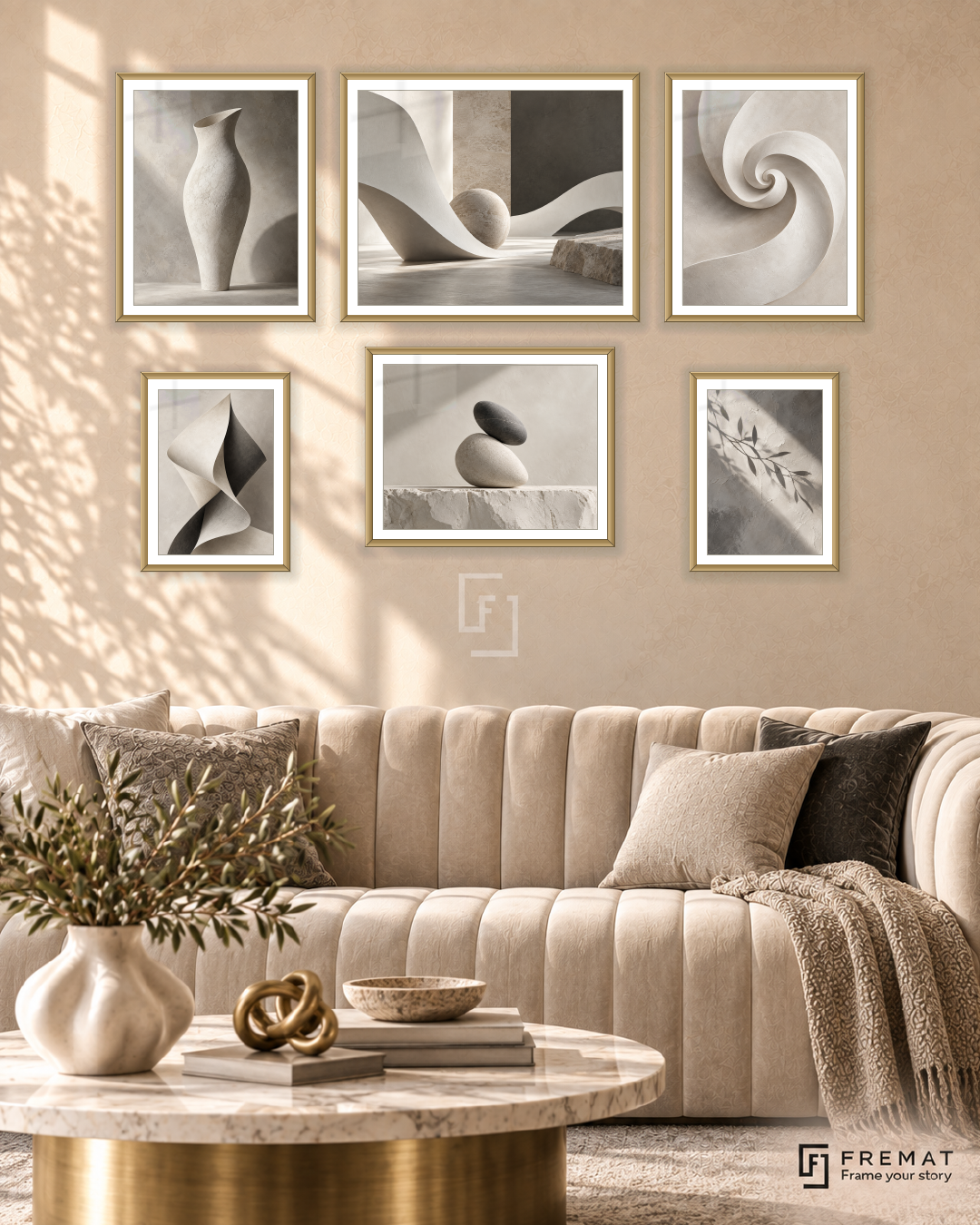 Sculpted Light Balance gallery wall: 6 framed artworks in Gold, arranged across 150 × 100 cm.