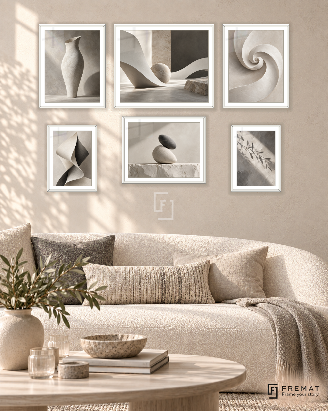 Sculpted Light Balance gallery wall: 6 framed artworks in White, arranged across 150 × 100 cm.