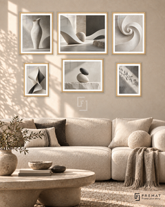Sculpted Light Balance gallery wall: 6 framed artworks in Wooden Texture, arranged across 150 × 100 cm.