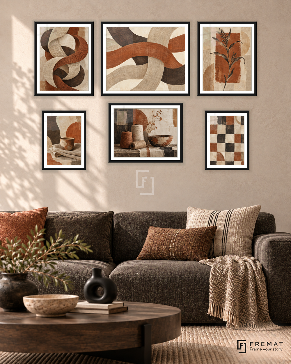 Woven Earth Balance gallery wall: six framed artworks in Black, arranged across 150 x 100 cm.