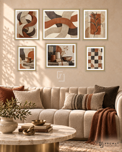 Woven Earth Balance six-piece gallery wall in gold frames, 150 x 100 cm arrangement.