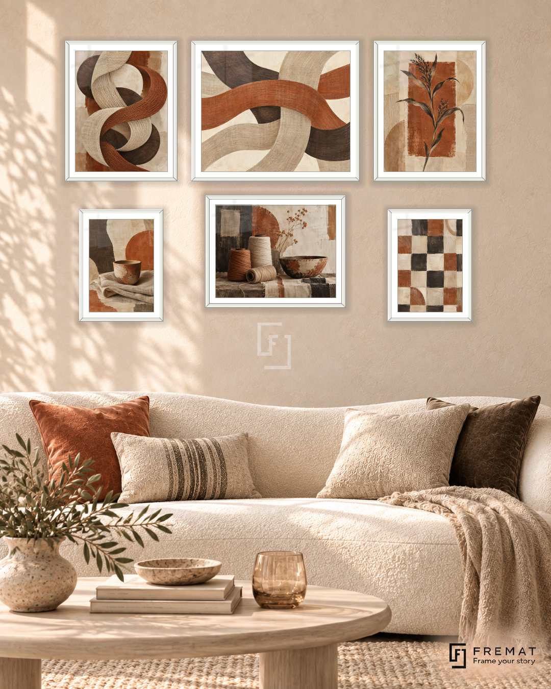 Woven Earth Balance six-piece gallery wall in white frames, 150 x 100 cm arrangement.