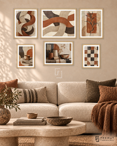 Woven Earth Balance six-piece gallery wall in Wooden Texture frames, 150 x 100 cm arrangement.