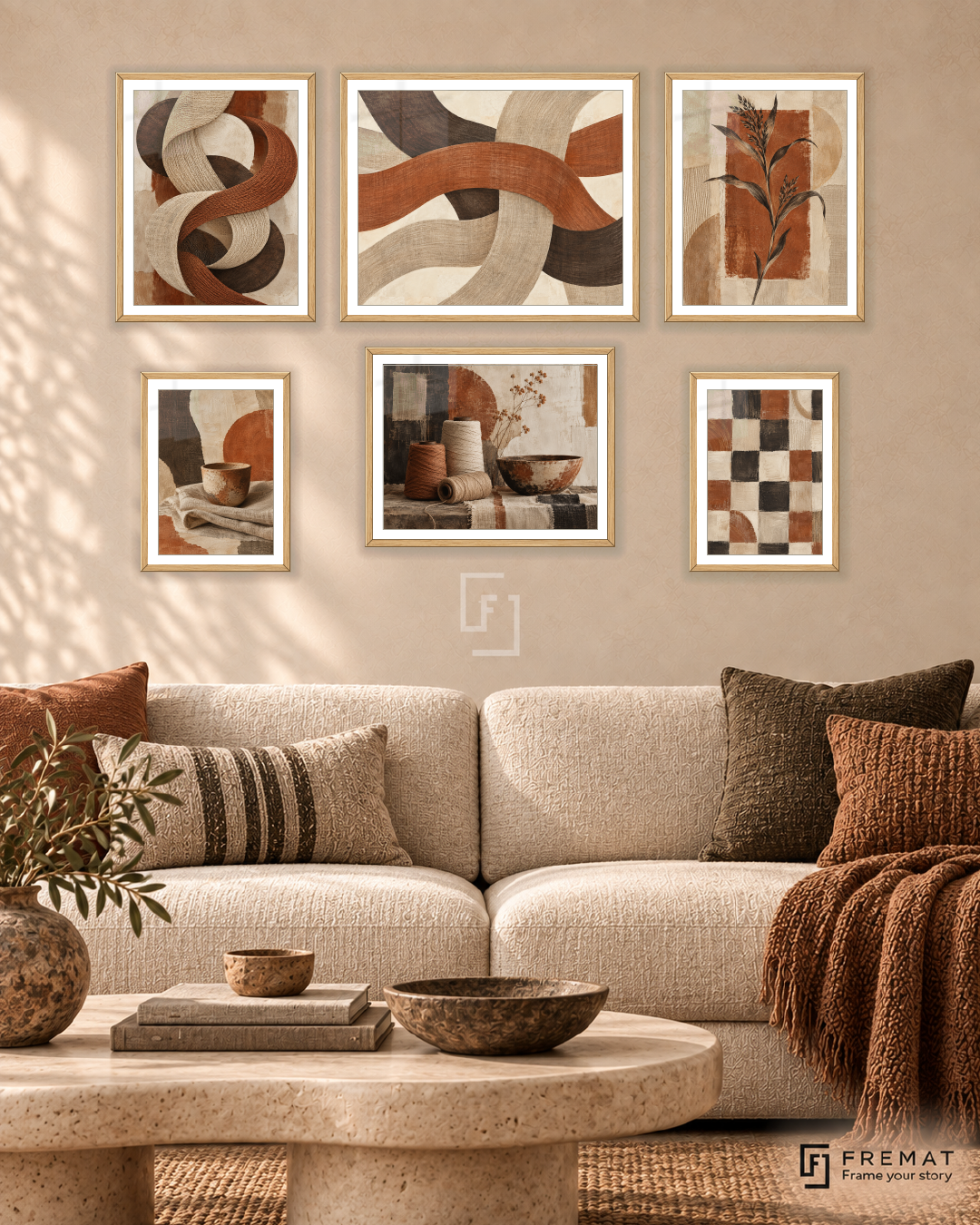 Woven Earth Balance six-piece gallery wall in Wooden Texture frames, 150 x 100 cm arrangement.