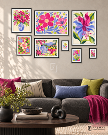 Confetti Garden Gallery gallery wall: 8 framed artworks in Black, arranged across 170 × 110 cm.
