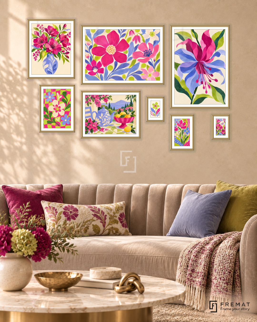 Confetti Garden Gallery gallery wall: 8 framed artworks in Gold, arranged across 170 × 110 cm.