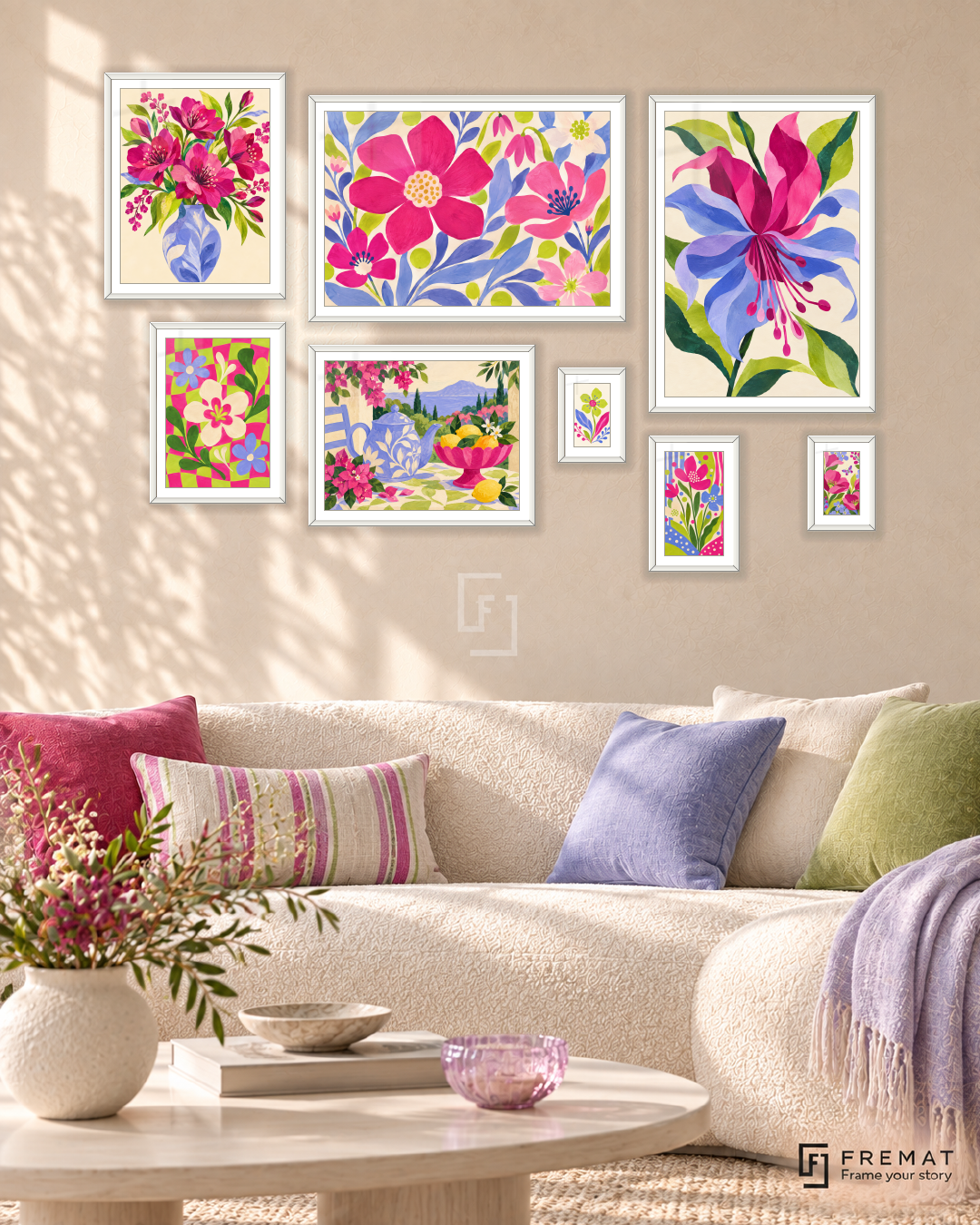 Confetti Garden Gallery gallery wall: 8 framed artworks in White, arranged across 170 × 110 cm.