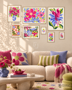 Confetti Garden Gallery gallery wall: 8 framed artworks in Wooden Texture, arranged across 170 × 110 cm.