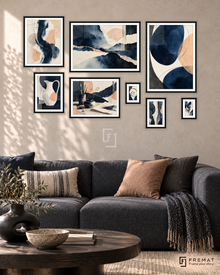 Indigo Atelier Gallery gallery wall: 8 framed artworks in Black, arranged across 170 × 110 cm.