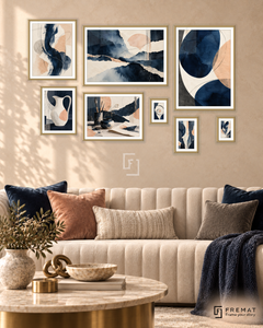 Indigo Atelier Gallery gallery wall: 8 framed artworks in Gold, arranged across 170 × 110 cm.