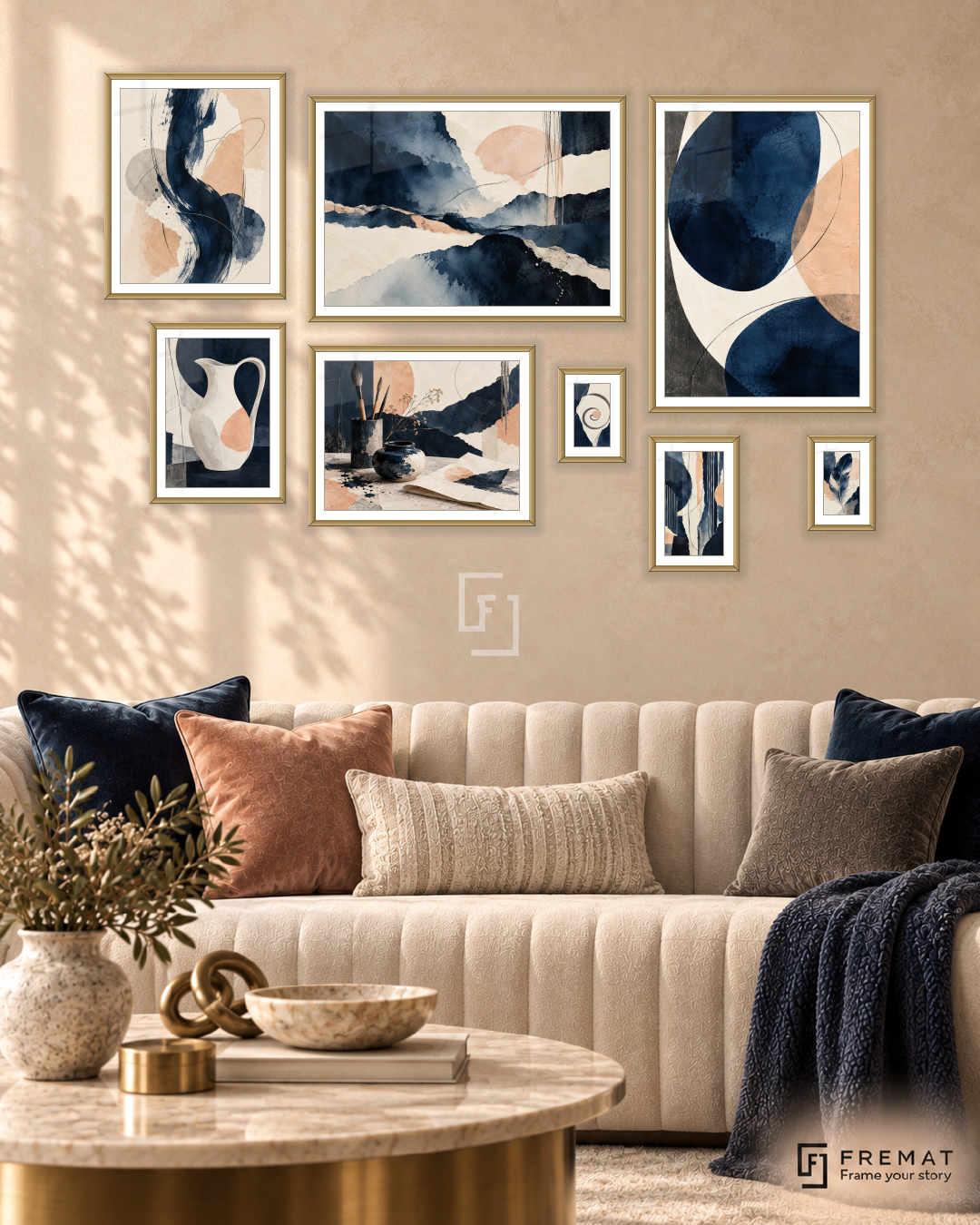 Indigo Atelier Gallery gallery wall: 8 framed artworks in Gold, arranged across 170 × 110 cm.