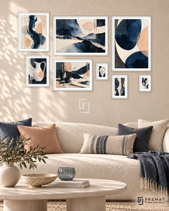 Indigo Atelier Gallery gallery wall: 8 framed artworks in White, arranged across 170 × 110 cm.