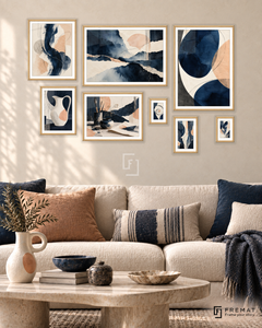 Indigo Atelier Gallery gallery wall: 8 framed artworks in Wooden Texture, arranged across 170 × 110 cm.