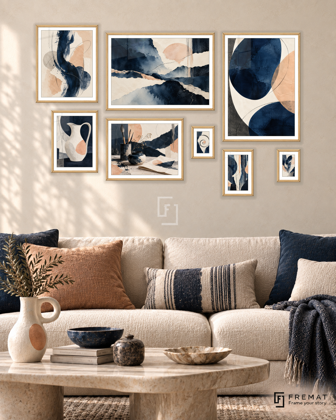 Indigo Atelier Gallery gallery wall: 8 framed artworks in Wooden Texture, arranged across 170 × 110 cm.