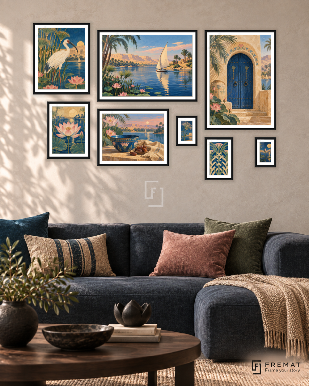 Nile Memories Gallery gallery wall: 8 framed artworks in Black, arranged across 170 × 110 cm.