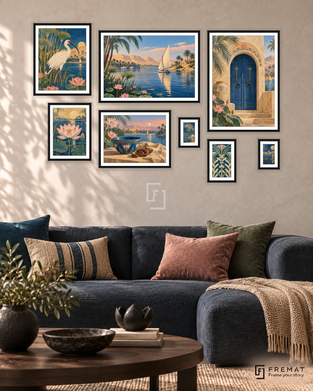 Nile Memories Gallery gallery wall: 8 framed artworks in Black, arranged across 170 × 110 cm.