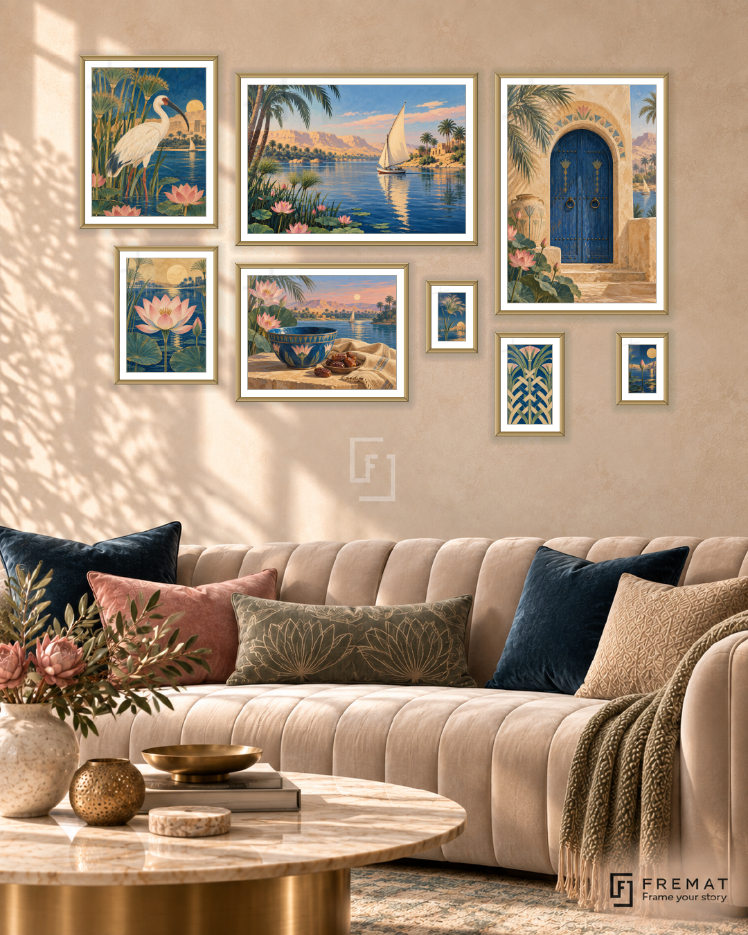 Nile Memories Gallery gallery wall: 8 framed artworks in Gold, arranged across 170 × 110 cm.