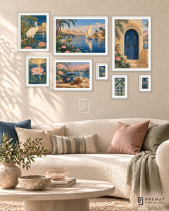 Nile Memories Gallery gallery wall: 8 framed artworks in White, arranged across 170 × 110 cm.