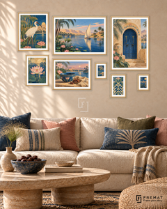 Nile Memories Gallery gallery wall: 8 framed artworks in Wooden Texture, arranged across 170 × 110 cm.