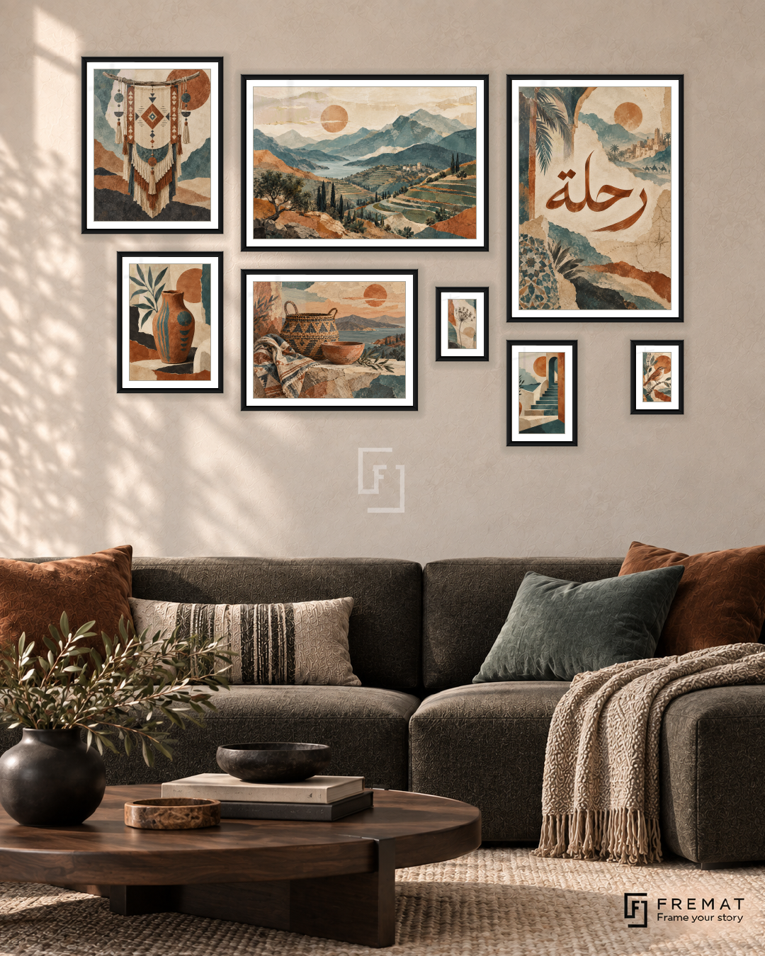 Nomad Notebook Gallery gallery wall: 8 framed artworks in Black, arranged across 170 × 110 cm.
