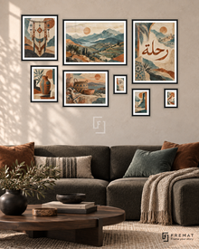 Nomad Notebook Gallery gallery wall: 8 framed artworks in Black, arranged across 170 × 110 cm.