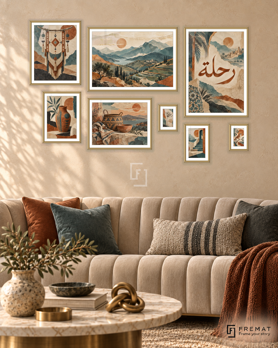Nomad Notebook Gallery gallery wall: 8 framed artworks in Gold, arranged across 170 × 110 cm.