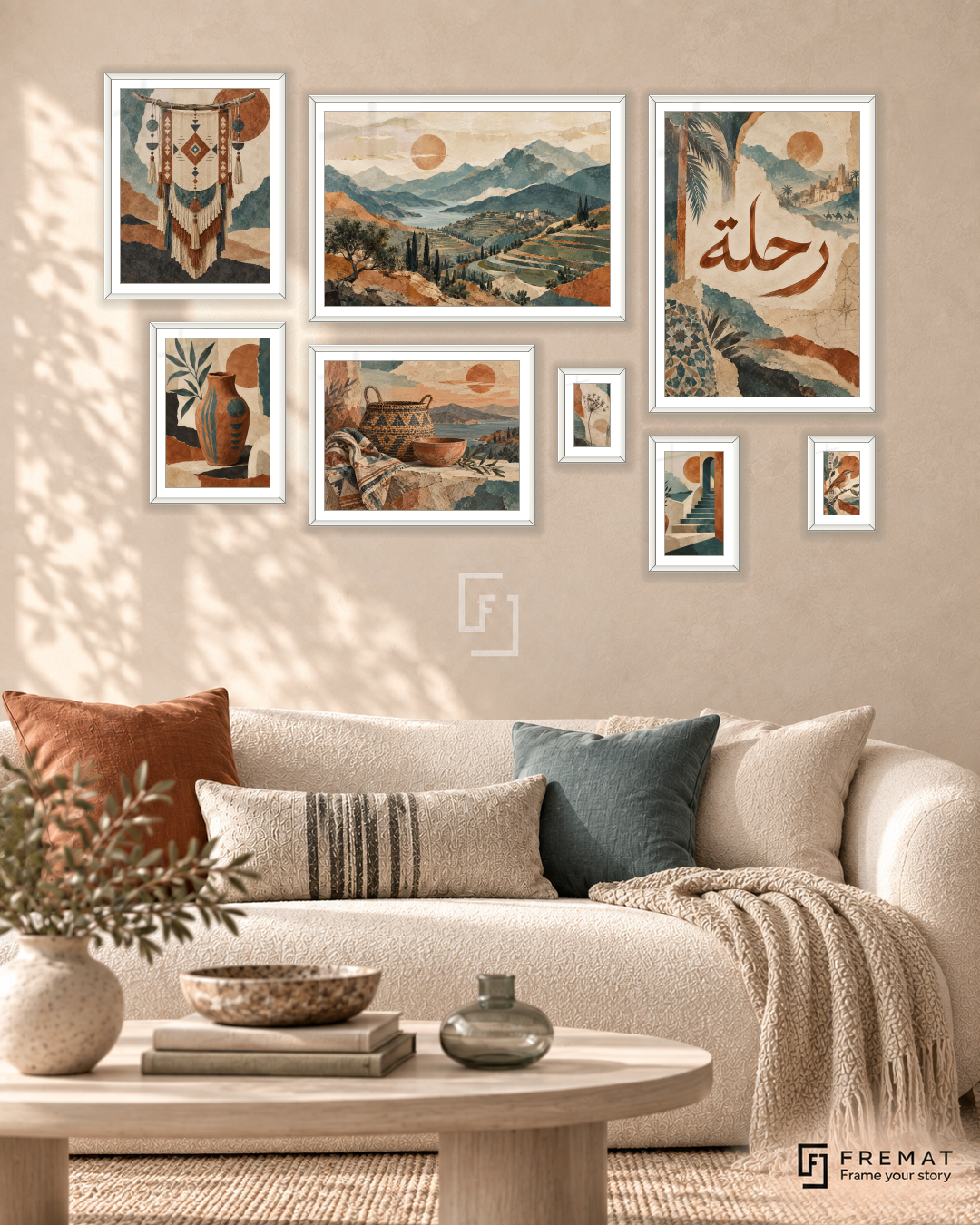 Nomad Notebook Gallery gallery wall: 8 framed artworks in White, arranged across 170 × 110 cm.