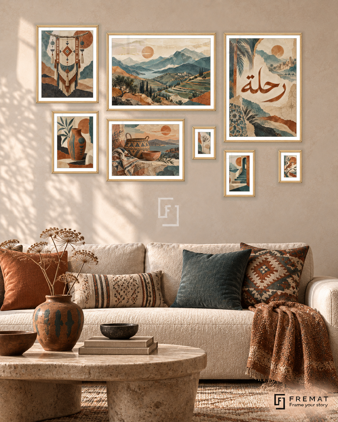 Nomad Notebook Gallery gallery wall: 8 framed artworks in Wooden Texture, arranged across 170 × 110 cm.