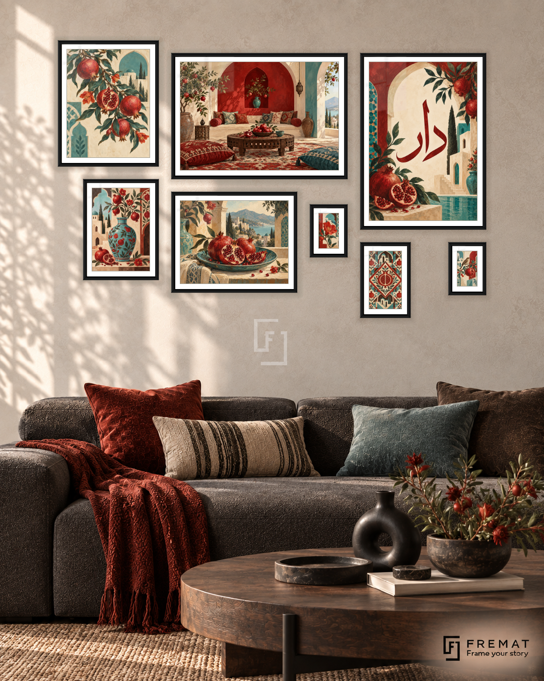Pomegranate House Gallery gallery wall: 8 framed artworks in Black, arranged across 170 × 110 cm.