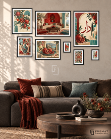 Pomegranate House Gallery gallery wall: 8 framed artworks in Black, arranged across 170 × 110 cm.