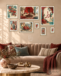 Pomegranate House Gallery gallery wall: 8 framed artworks in Gold, arranged across 170 × 110 cm.