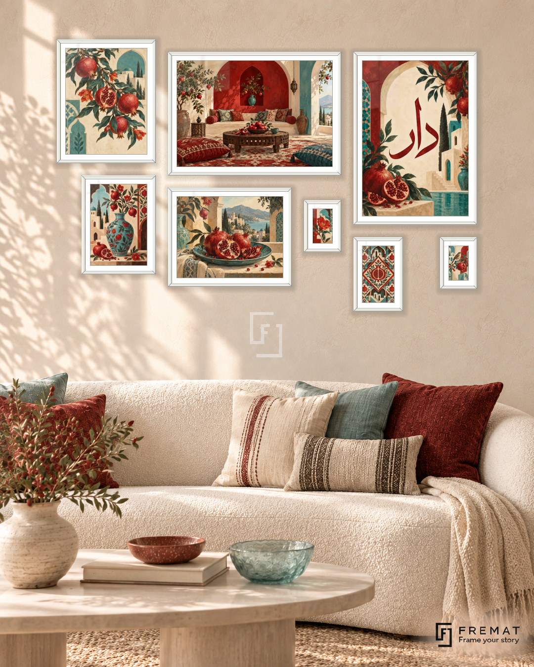 Pomegranate House Gallery gallery wall: 8 framed artworks in White, arranged across 170 × 110 cm.