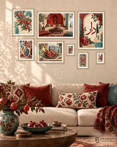 Pomegranate House Gallery gallery wall: 8 framed artworks in Wooden Texture, arranged across 170 × 110 cm.