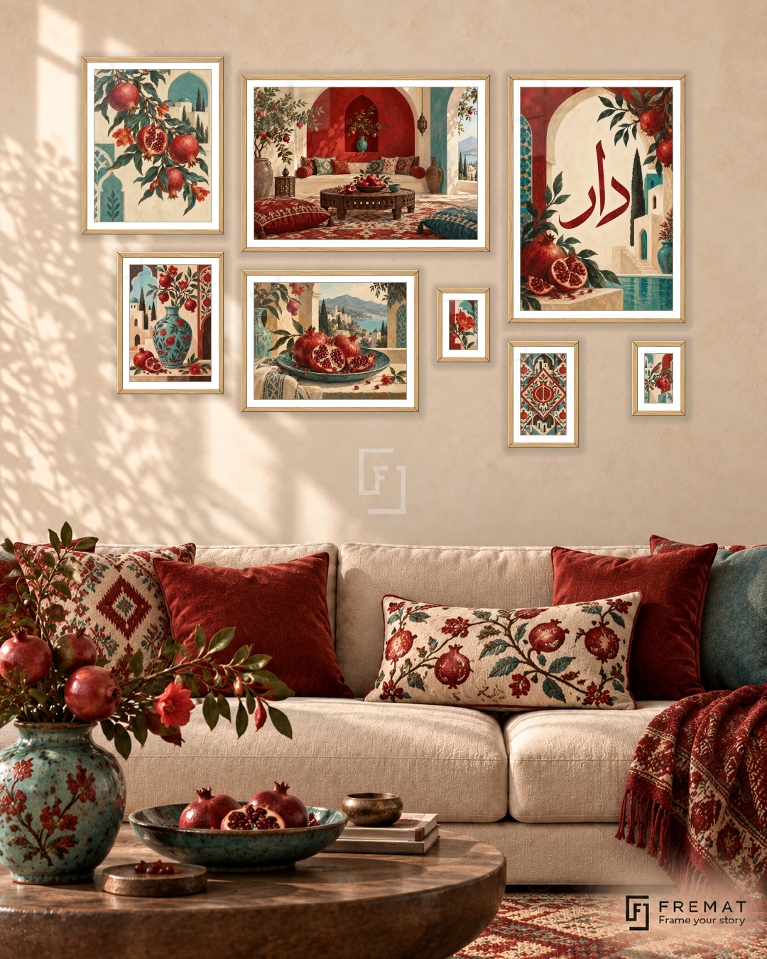 Pomegranate House Gallery gallery wall: 8 framed artworks in Wooden Texture, arranged across 170 × 110 cm.