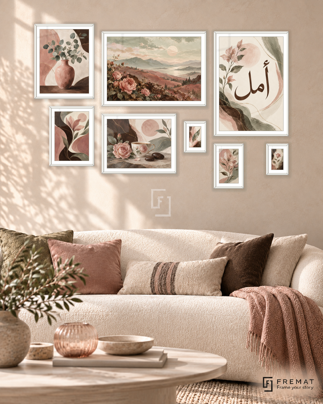 Rosewood Poetry Gallery gallery wall: 8 framed artworks in White, arranged across 170 × 110 cm.