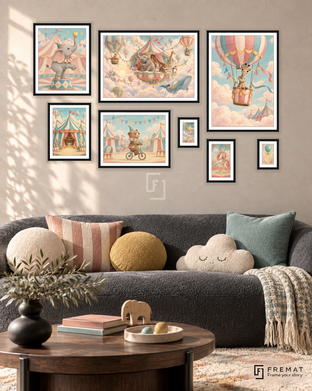 Sky Circus Gallery gallery wall: 8 framed artworks in Black, arranged across 170 × 110 cm.